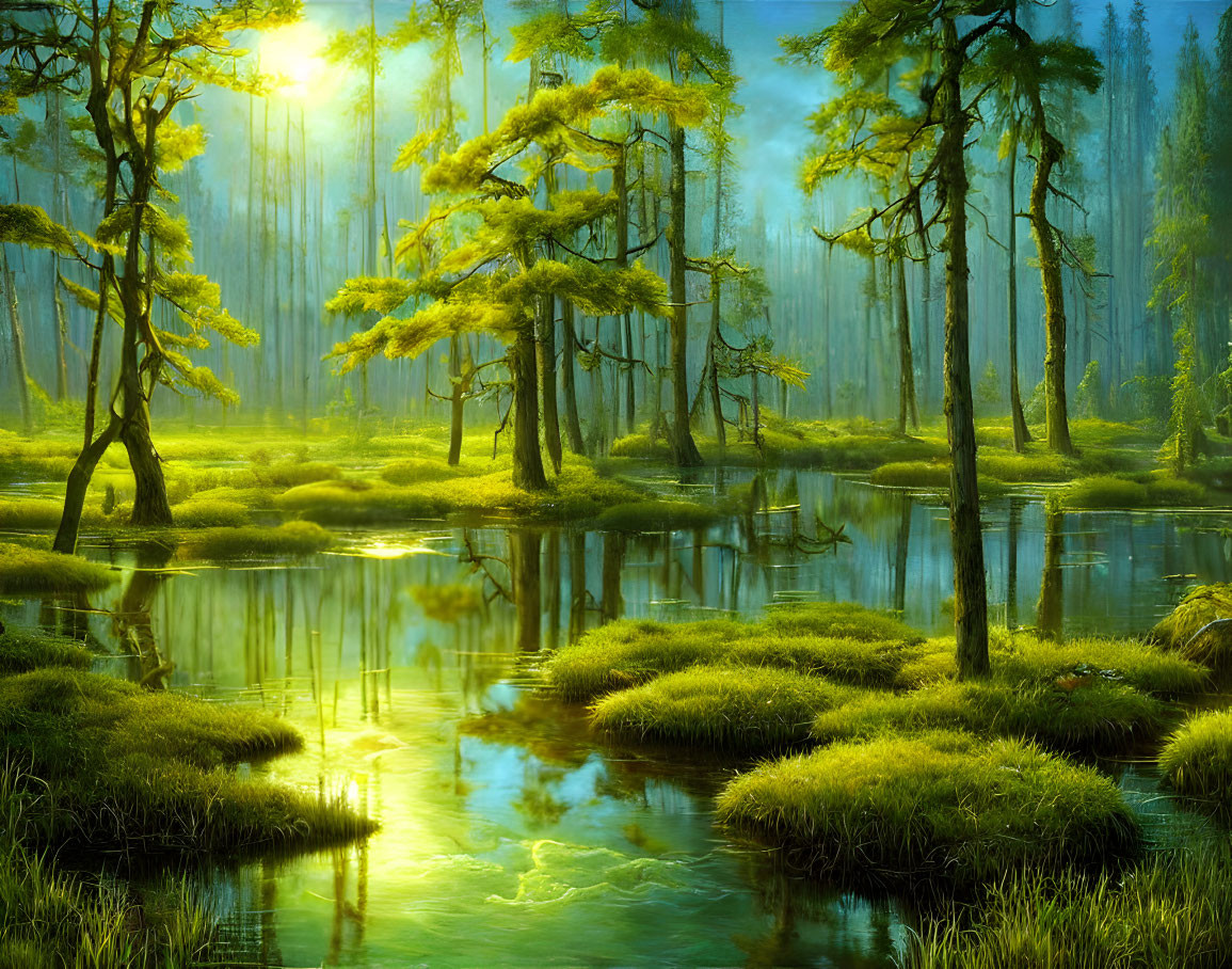 Tranquil forest scene with sunlight filtering through tall trees