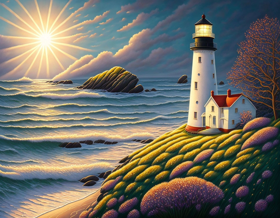 Colorful painting of lighthouse on cliff with wildflowers by wavy sea