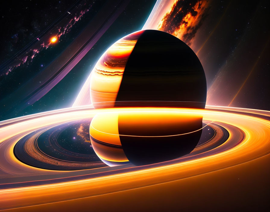 Segmented glowing planet with rings in surreal cosmic scene