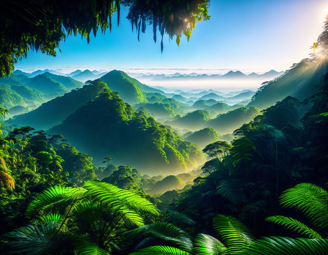 Tropical Rainforest with Mist, Sunlight, and Mountain Silhouette