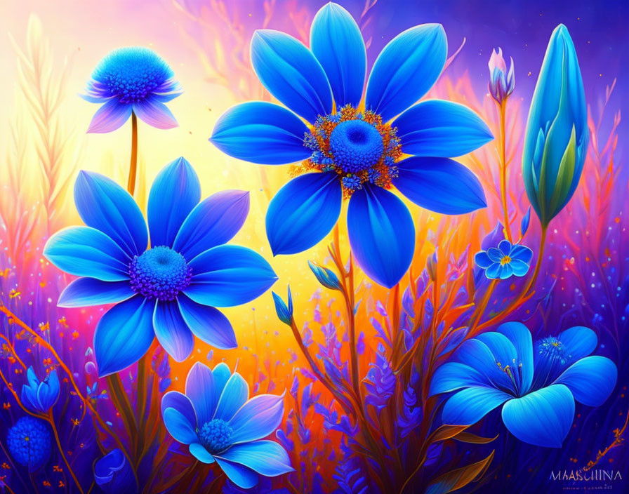 Colorful digital artwork: Oversized blue flowers on purple and orange sunset background.