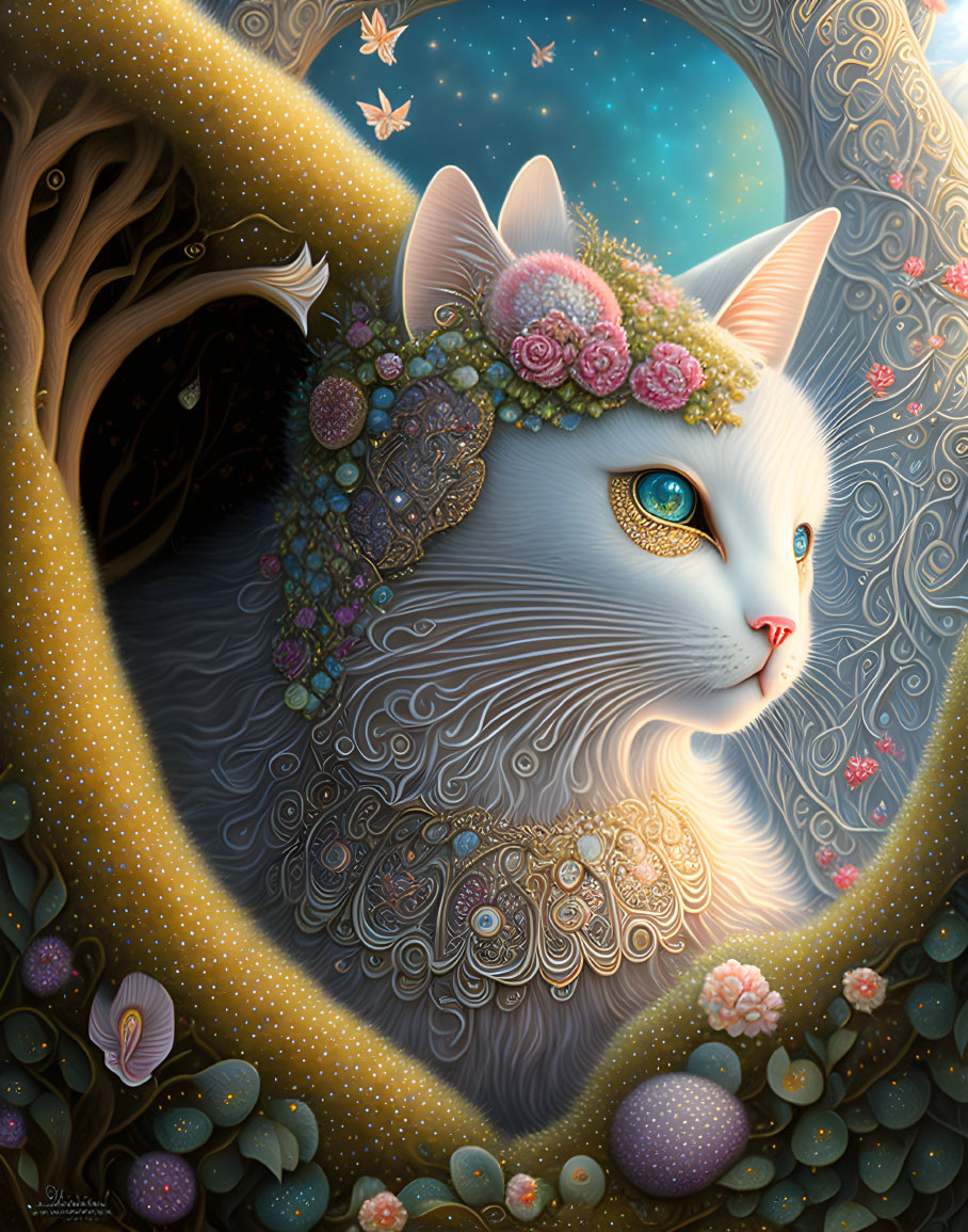 Whimsical white cat with floral crown in mystical setting