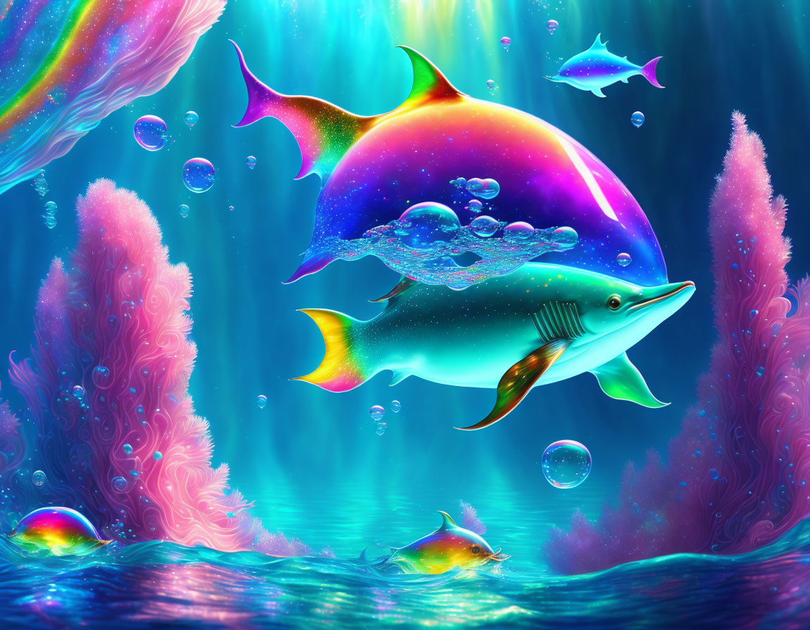 Colorful fantasy whale in vibrant underwater scene with cosmic backdrop, fish, coral, and bubbles