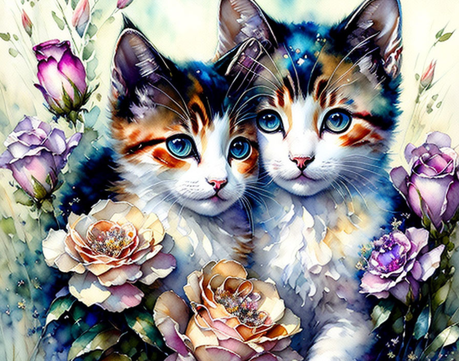 Colorful Whimsical Painted Cats with Blue Eyes and Vibrant Flowers