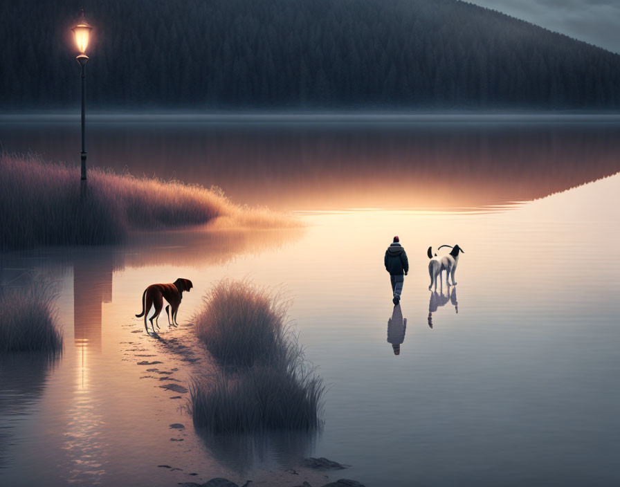 Person walking with two dogs by calm lake at dusk with glowing lamppost and mountains.