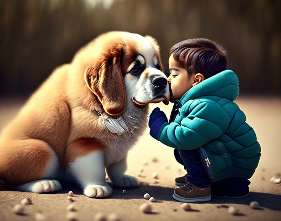 Child in Blue Coat Nuzzling Saint Bernard Dog Among Pebbles