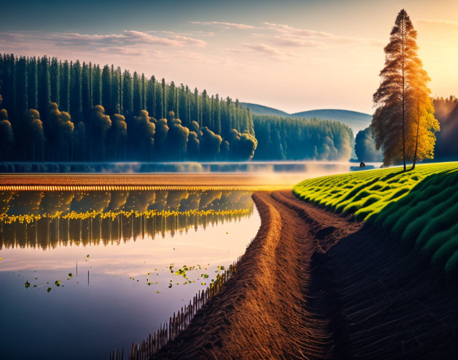 Tranquil lake at sunset with lone tree and forest reflection