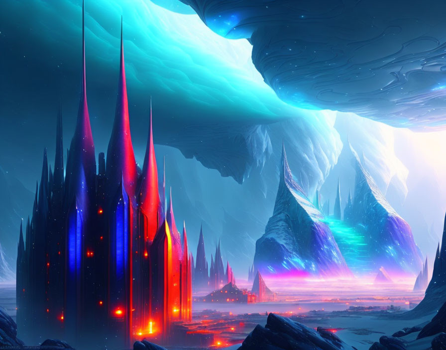 Futuristic city with glowing spires under aurora in icy landscape