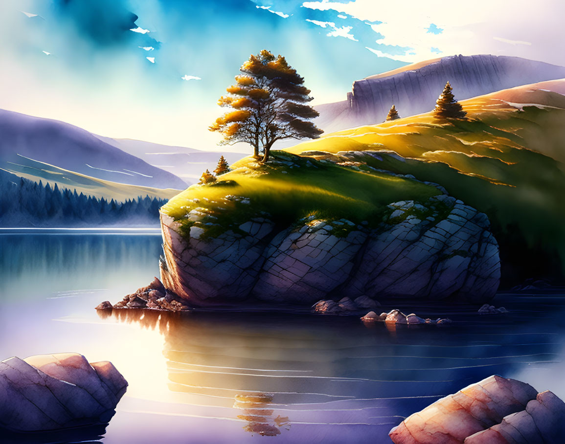 Tranquil digital artwork of serene lake with solitary tree and mountains