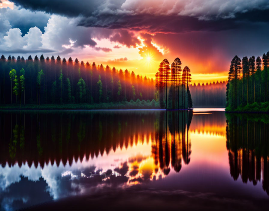 Vibrant Sunset Over Forest Lake with Pine Tree Silhouettes