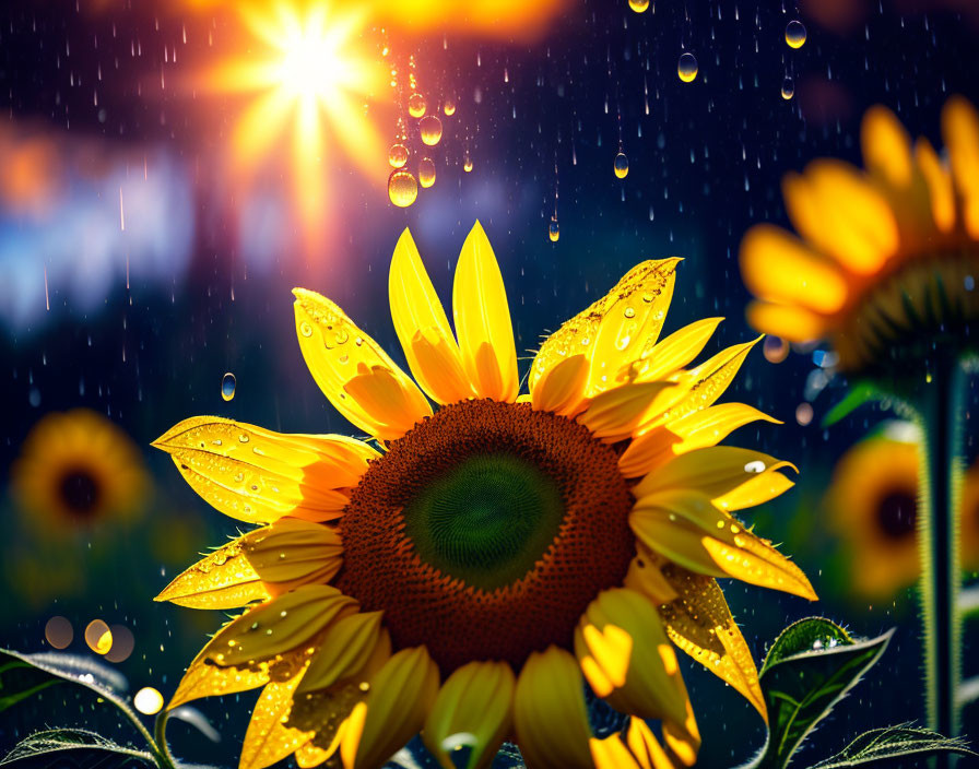 Vibrant sunflowers with raindrops under radiant sun