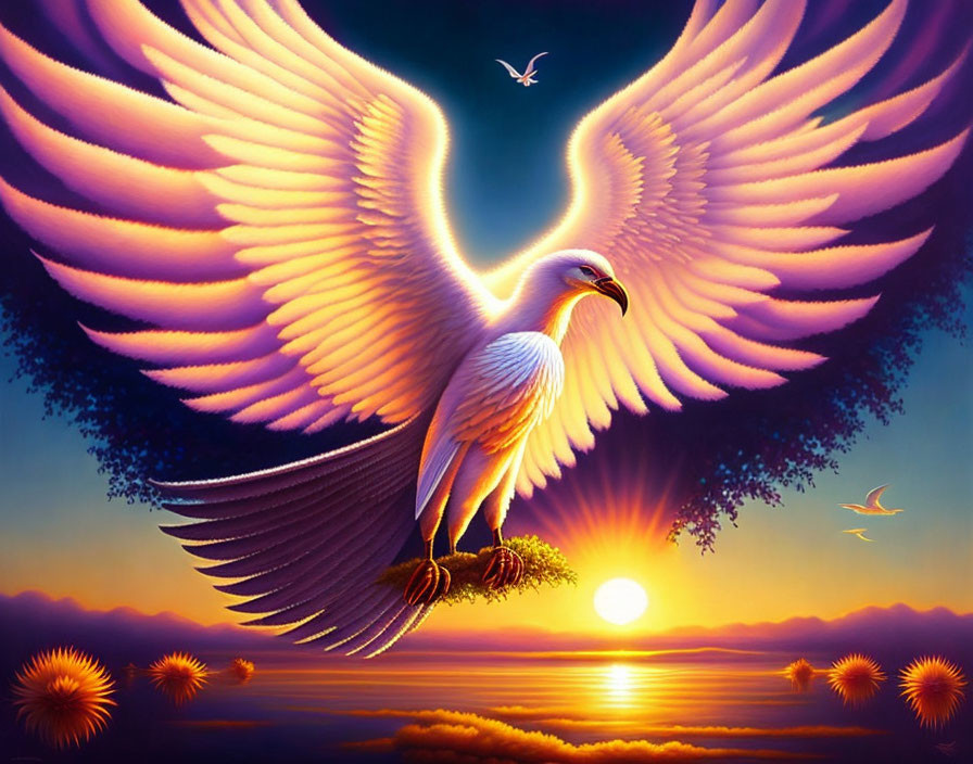 Majestic eagle with pink and white wings soaring above tranquil sea