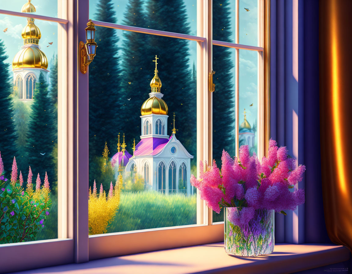 Illustration: Church Viewed Through Window with Lilac Flowers & Serene Landscape