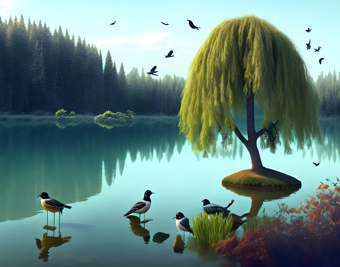 Tranquil landscape with weeping willow on island, birds flying and wading in calm water