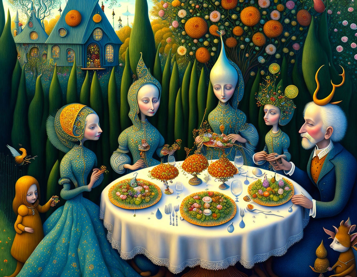 Surreal feast scene with elongated characters in ornate attire