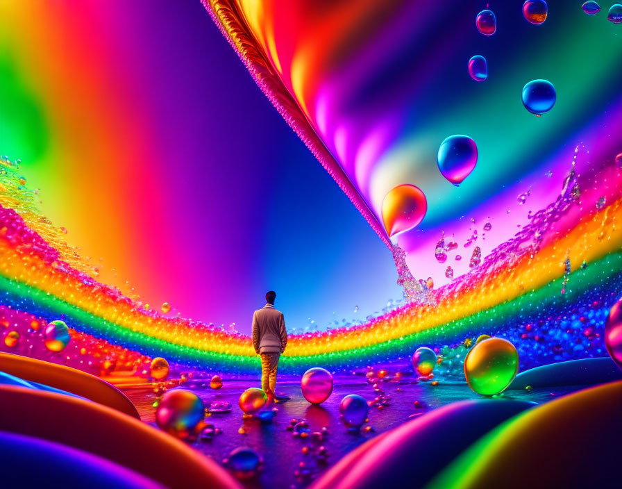 Colorful Landscape with Bubbles and Reflective Surfaces