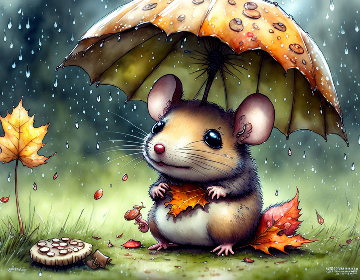 Illustrated mouse with large ears under orange polka-dot umbrella in autumn scene.