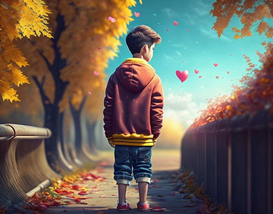 Boy in hoodie and jeans on autumn walkway with falling leaves and floating hearts.