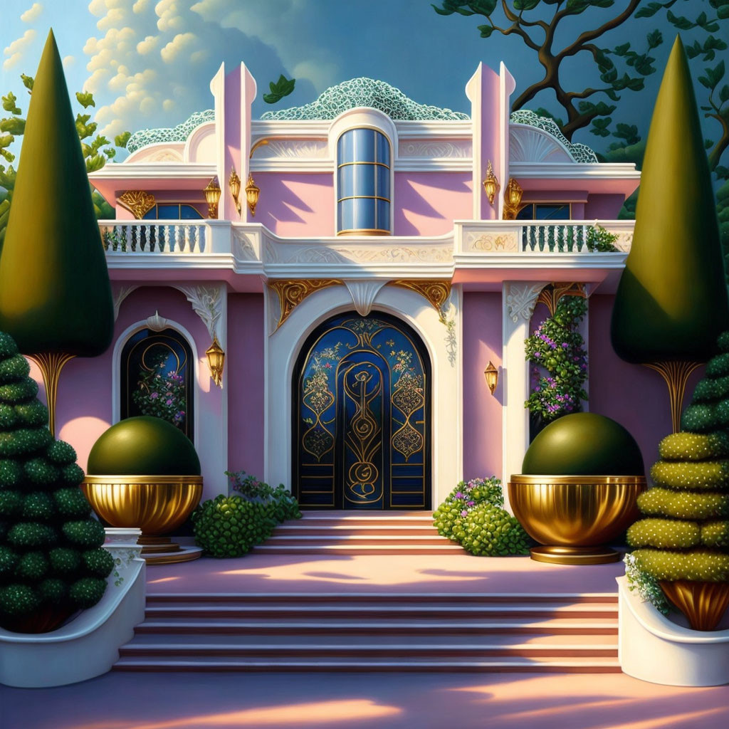 Stylized grand pink mansion with ornate blue doors in twilight setting