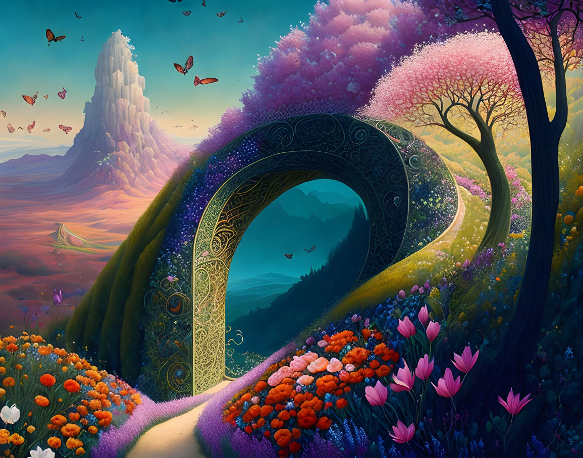 Colorful fantasy landscape with ornate archway and lush flora