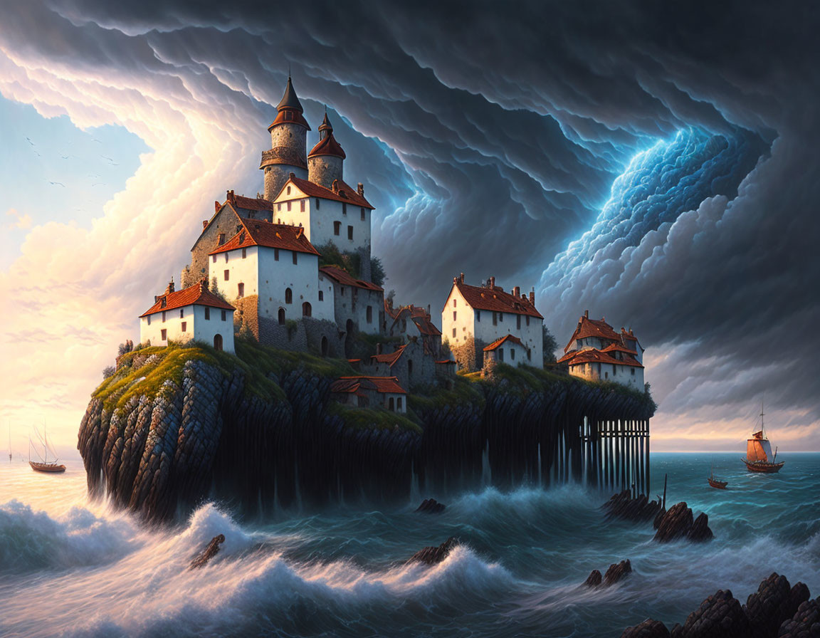 Stormy Seascape: Castle on Cliffs, Boats, Dramatic Lighting