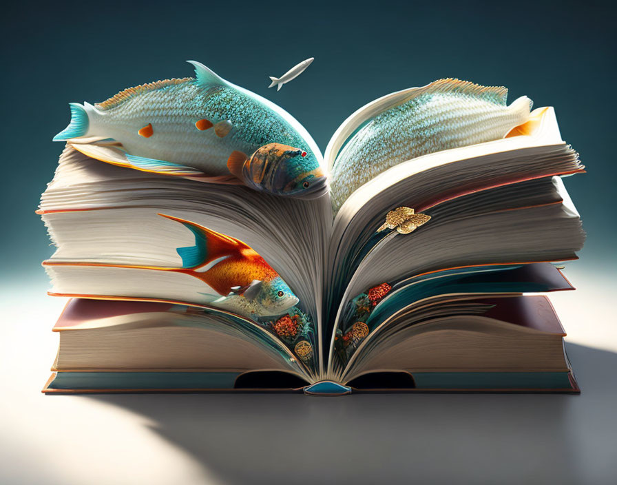 Open book with colorful fish and bird on gradient background