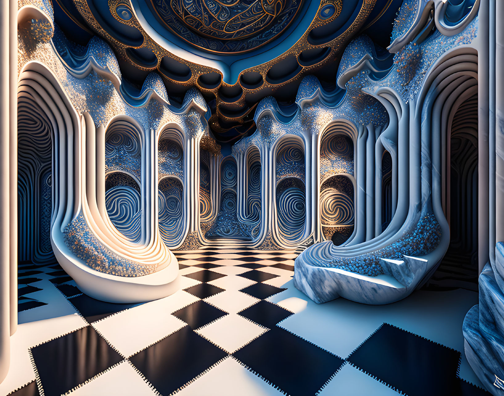 Surreal room with blue and white swirling patterns and checkerboard floor