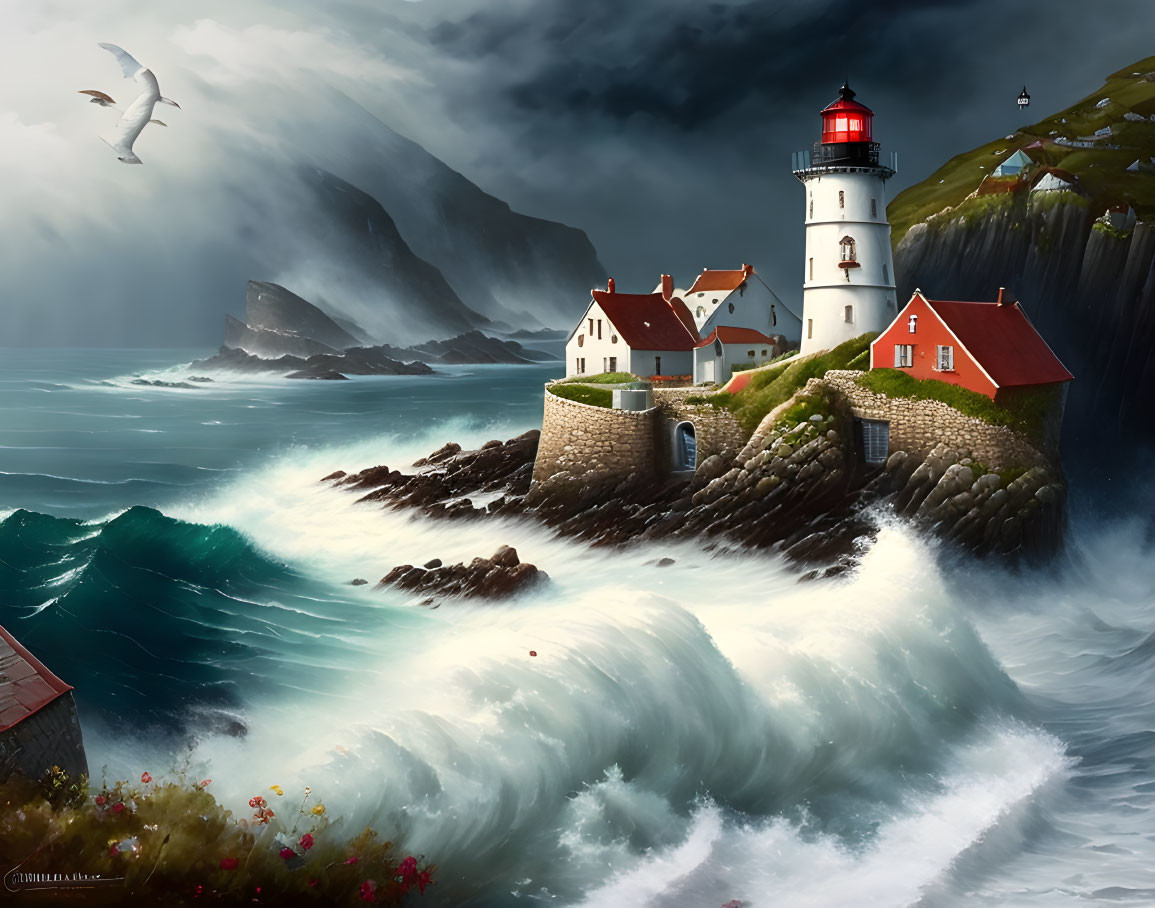 Coastal scene with lighthouse, cliffs, crashing waves, red-roofed buildings, and