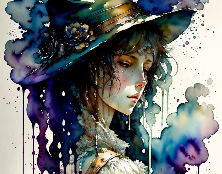 Watercolor illustration of woman in floral hat with rich blues and purples and ink splatters