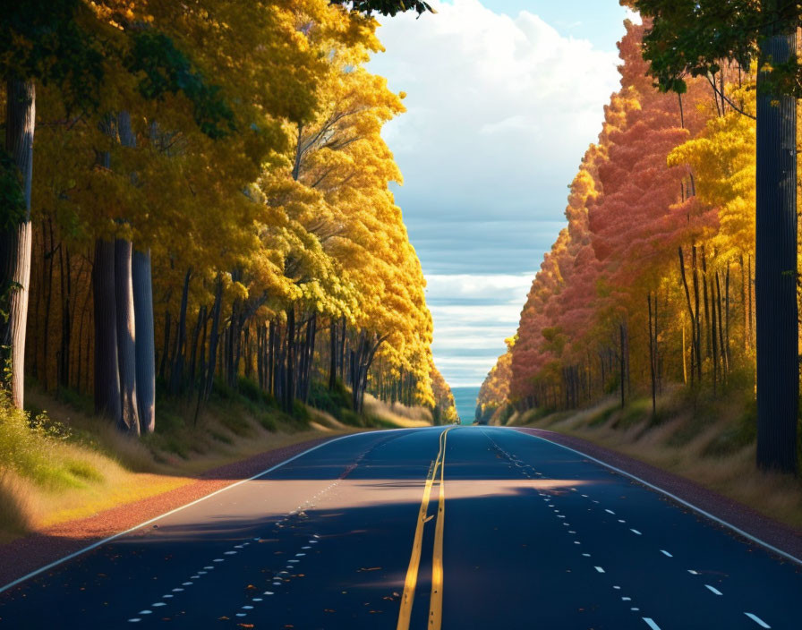 Picturesque autumn road lined with colorful trees under clear sky