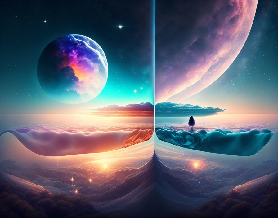 Surreal split artwork: ocean waves merge with cosmic elements in dreamlike scene