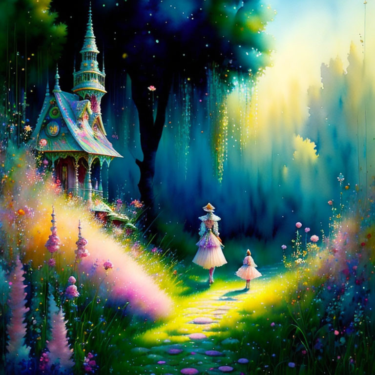 Whimsical painting of lady and child near ethereal tower amid vibrant flora