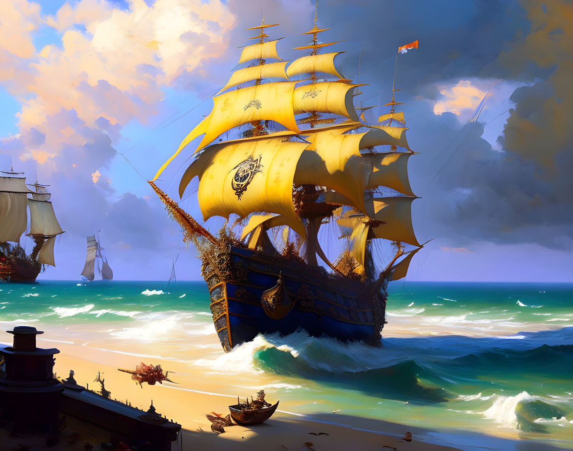 Majestic sailing ship with golden sails on ocean under dramatic sky