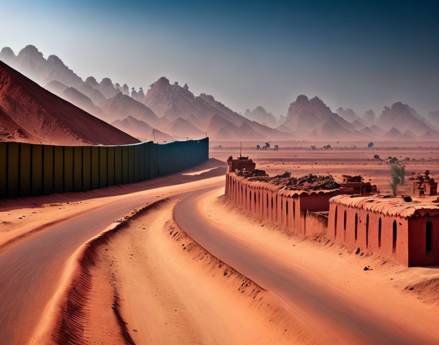 Colorful modern freight train meets ancient desert village under blue sky