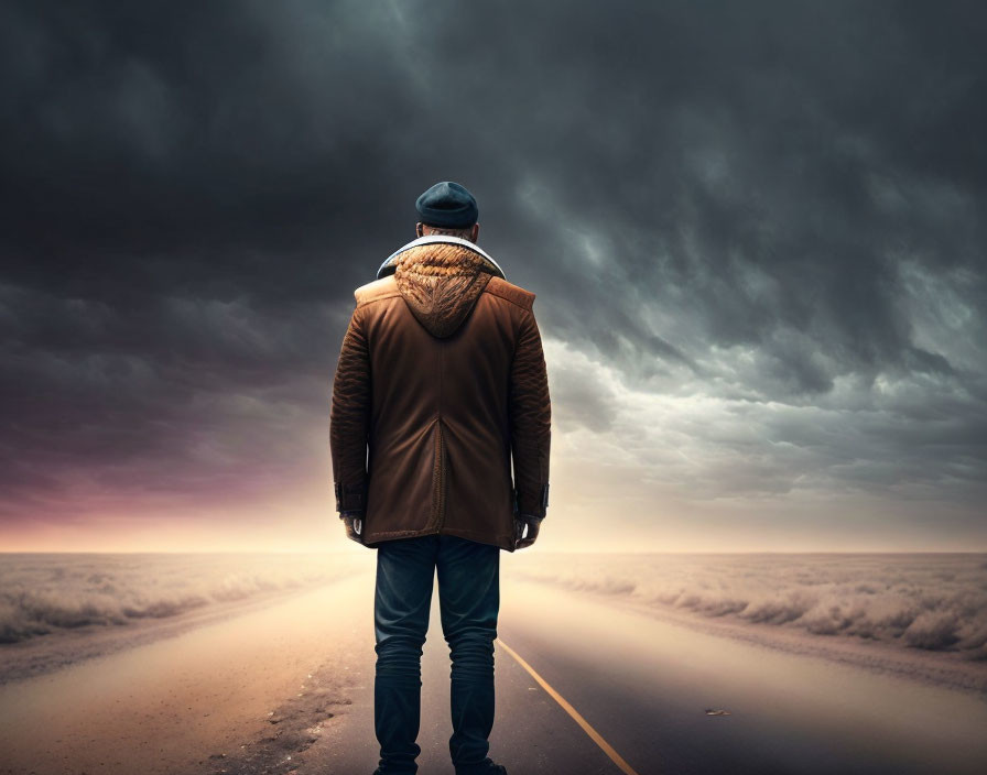 Person in Brown Jacket and Beanie on Empty Road under Dramatic Cloudy Sky