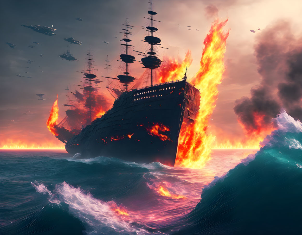 Burning ship on stormy seas with dramatic sky and flying objects