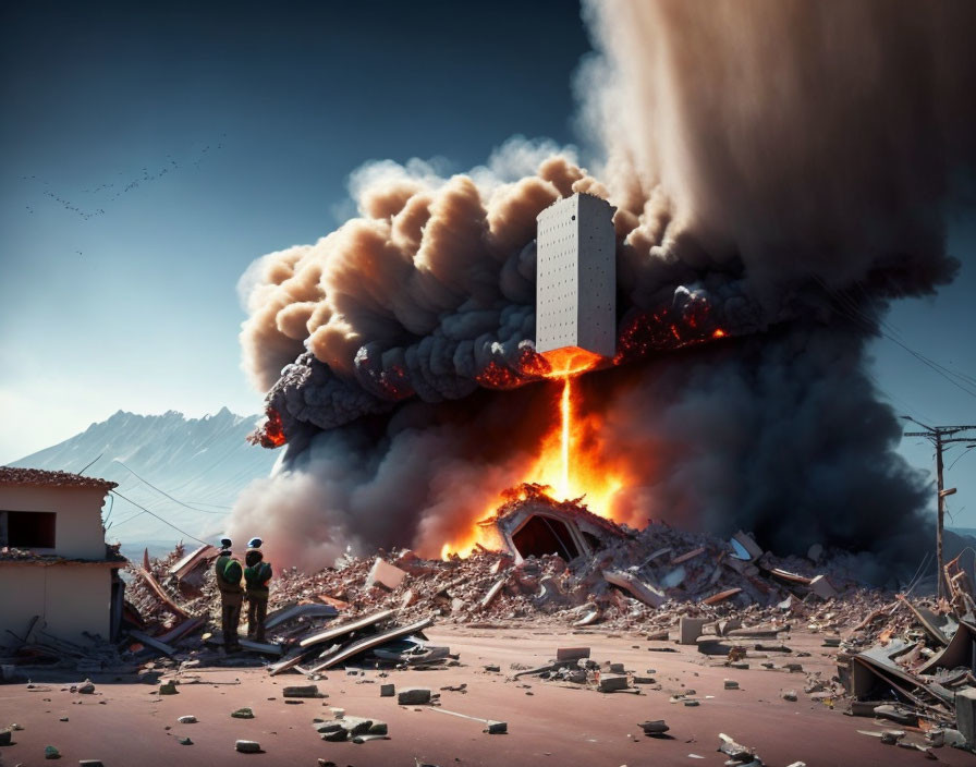 Two people witness a burning building launching like a rocket amid destruction.