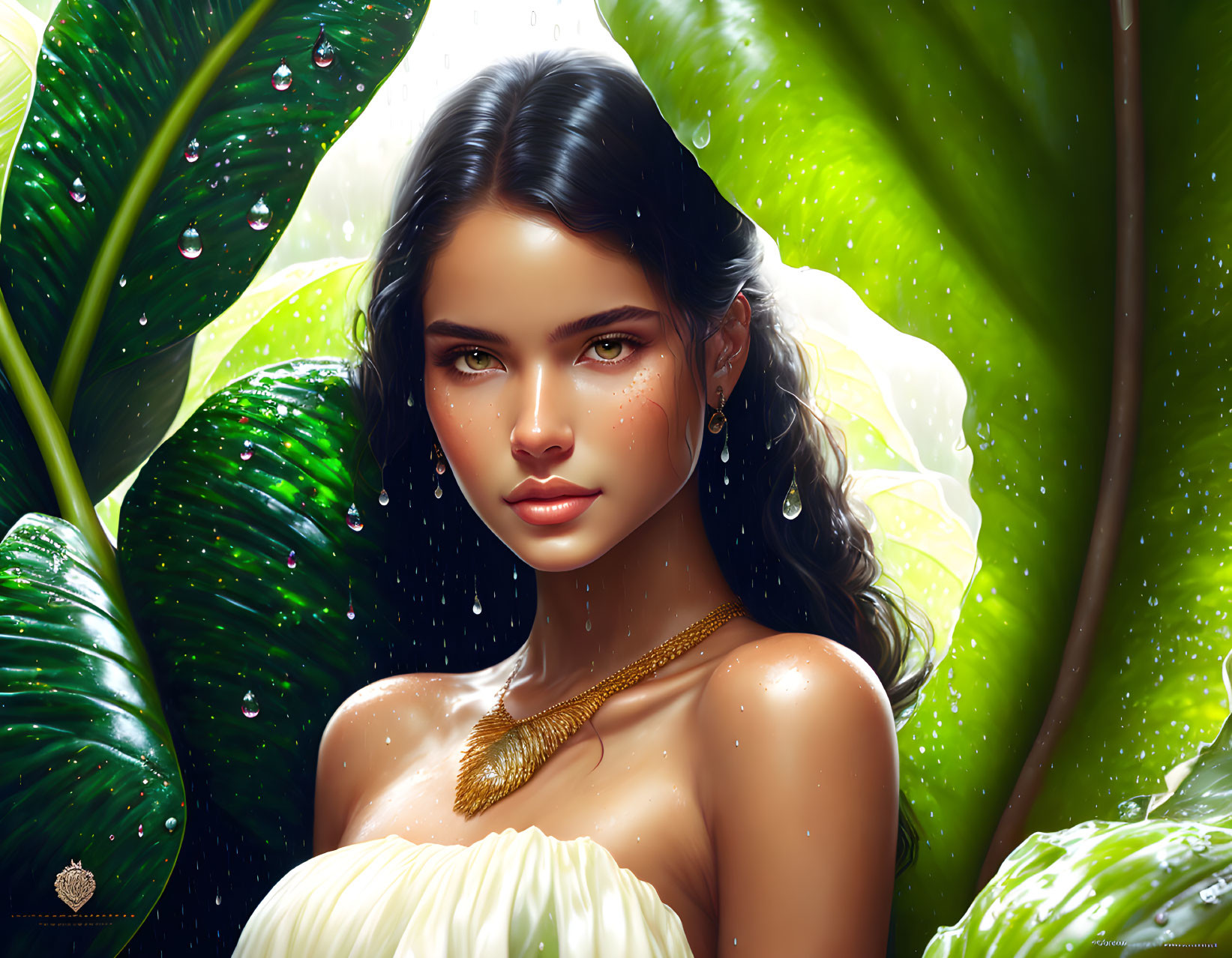 Portrait of woman with dark hair and fair skin in nature setting.