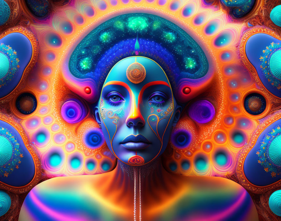 Colorful digital artwork: stylized female face with cosmic and fractal designs