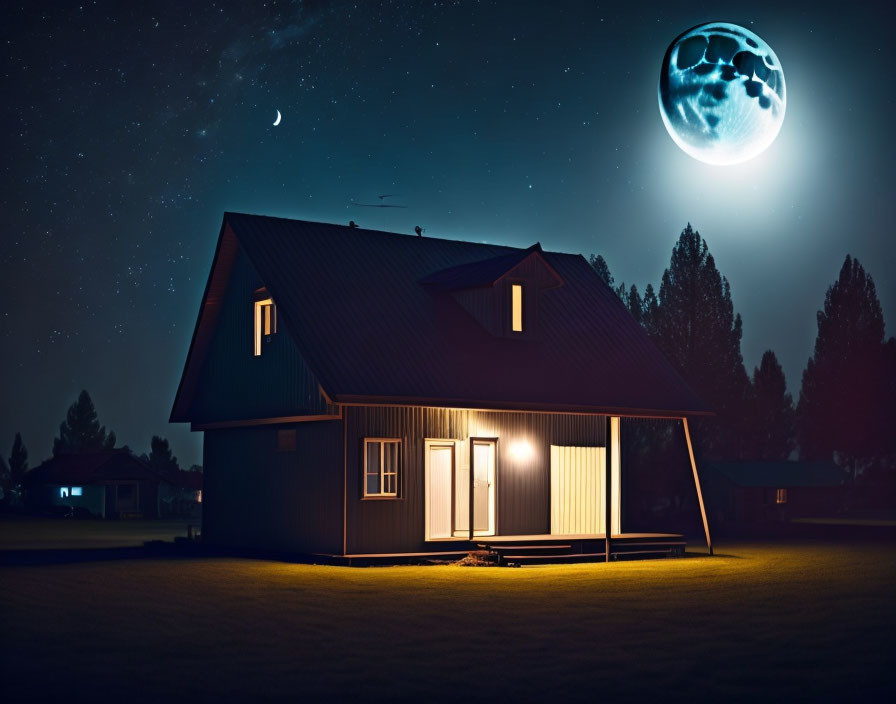 House at Night with Glowing Moon and Starry Sky