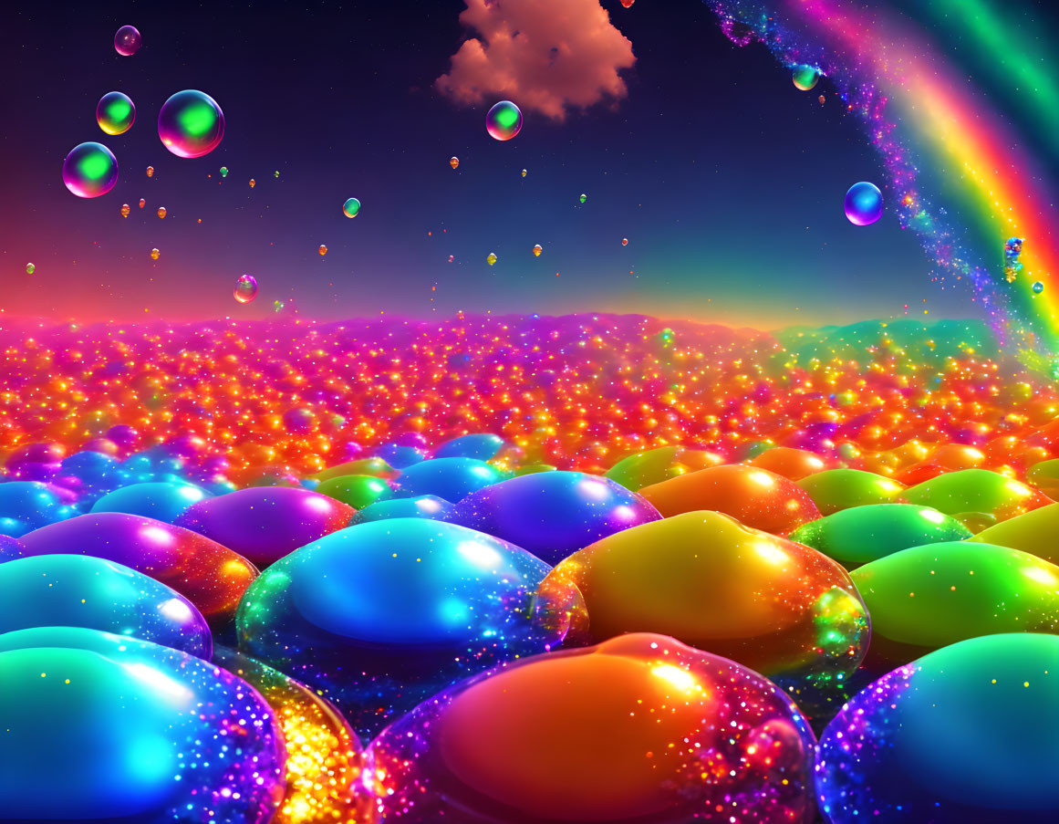 Colorful surreal landscape with glittering bubbles and rainbow sky