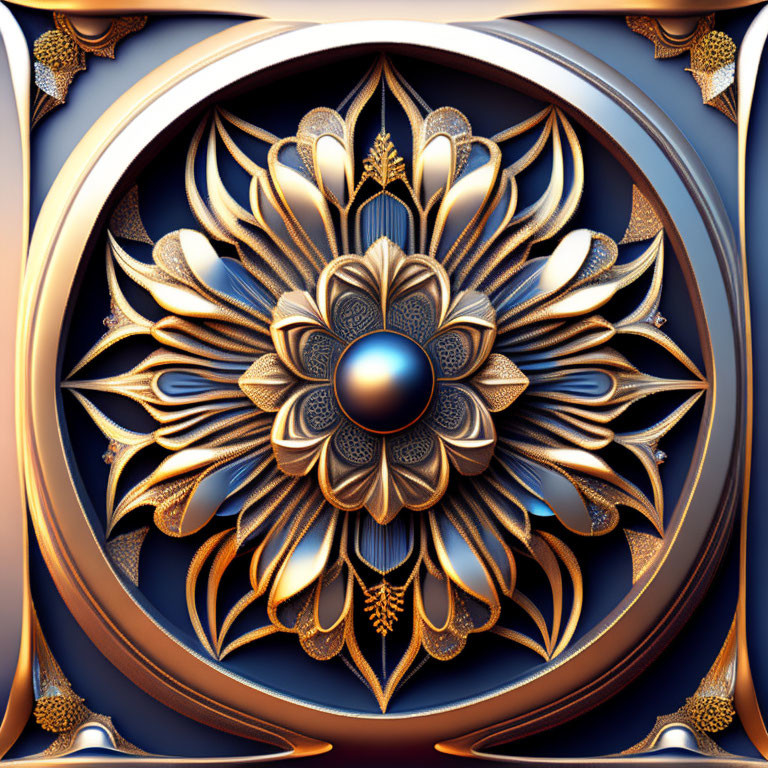 Gold, Blue, and Brown Mandala with Floral Patterns on Dark Background