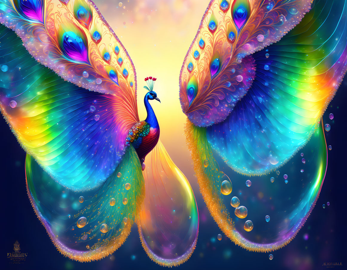 Colorful Peacock Illustration with Jewels and Cosmic Background