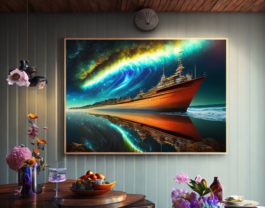 Ocean liner under aurora borealis in framed image on wood-paneled wall