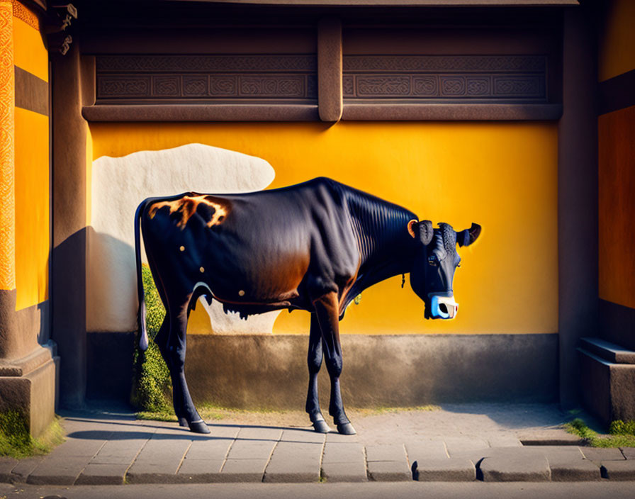 Cow standing in front of vibrant yellow wall with traditional architectural details