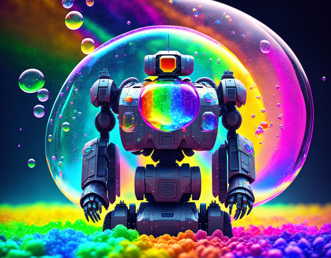 Colorful Robot Illustration on Multicolored Landscape with Moon and Bubbles