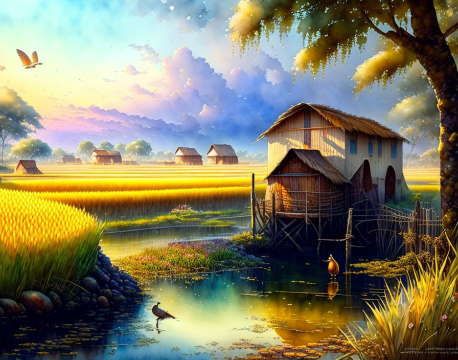 Tranquil Sunrise Countryside with Stilt House and Golden Paddy Fields