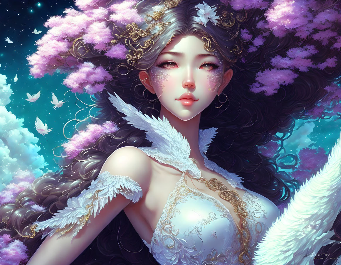 Ethereal animated woman with dark hair, gold accessories, pink blossoms, white birds, star