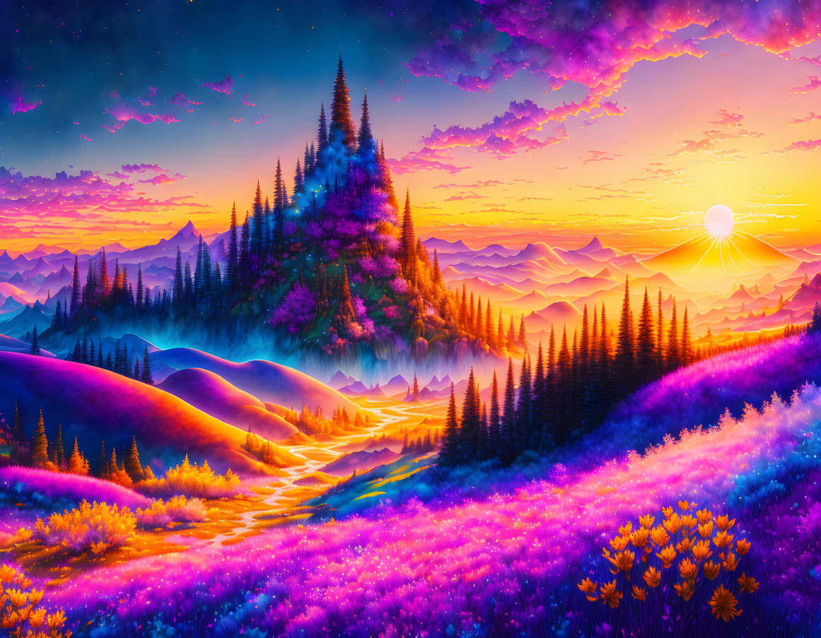 Scenic landscape: Purple and pink meadow, river, mountains, sunset