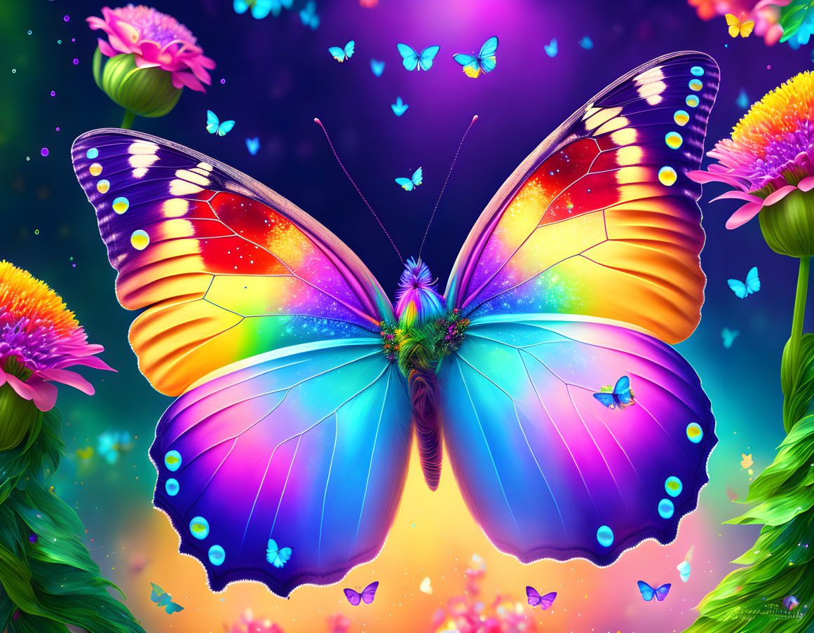 Colorful Butterfly Artwork with Rainbow Wings and Flowers